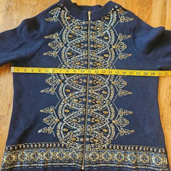 Chico’s Demitria‎ Cardigan Women L Navy Gold Embroidered Byzantine Beaded Zip Up - Picture 6 of 11